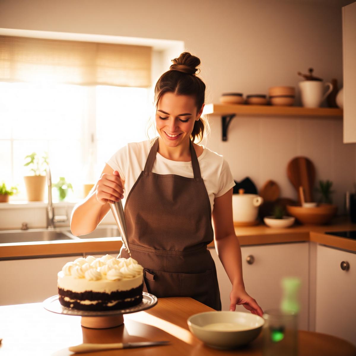 Home baker piping frosting onto a cake in Tasmania